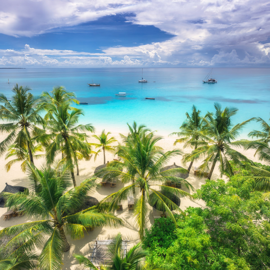 Idyllic beach in Zanzibar with palm trees, turquoise sea, and boats anchored offshore packages 1080x1080px