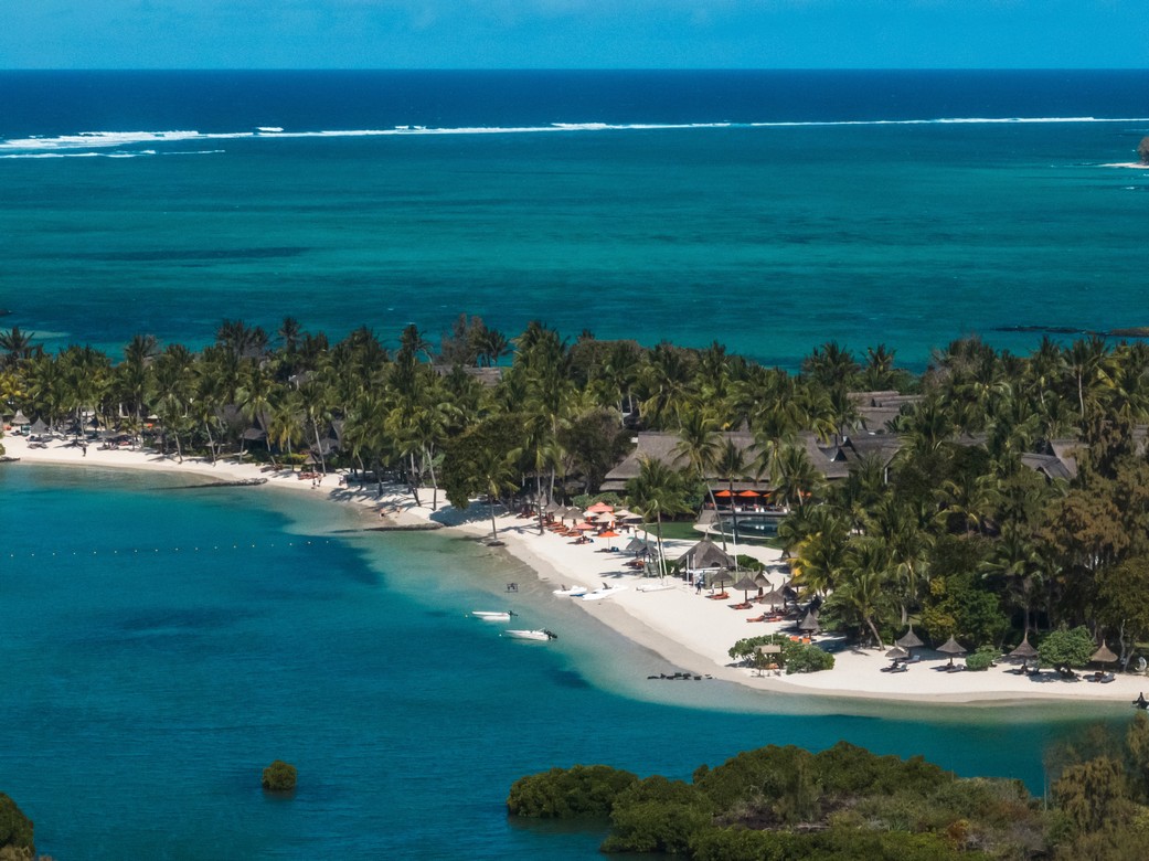 Aerial view of Constance Prince Maurice beachfront and turquoise lagoon