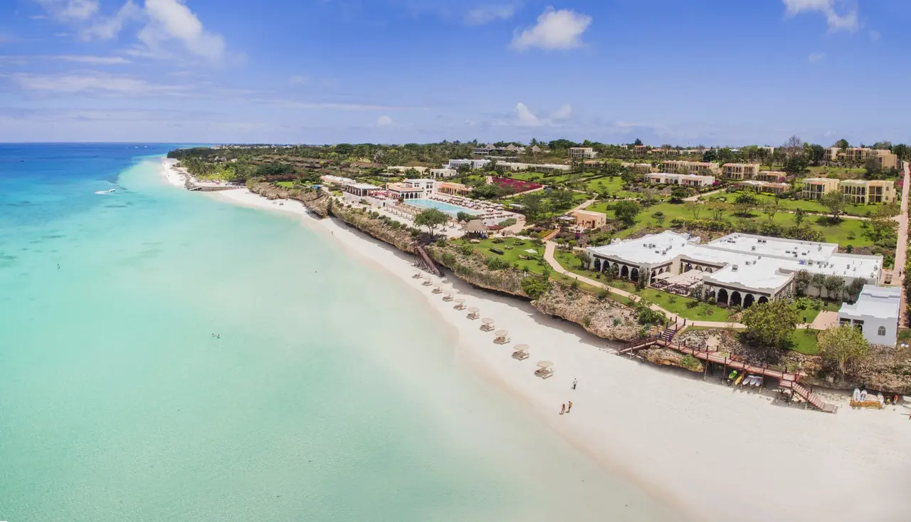 Aerial view of resort along the coastline at Riu Palace