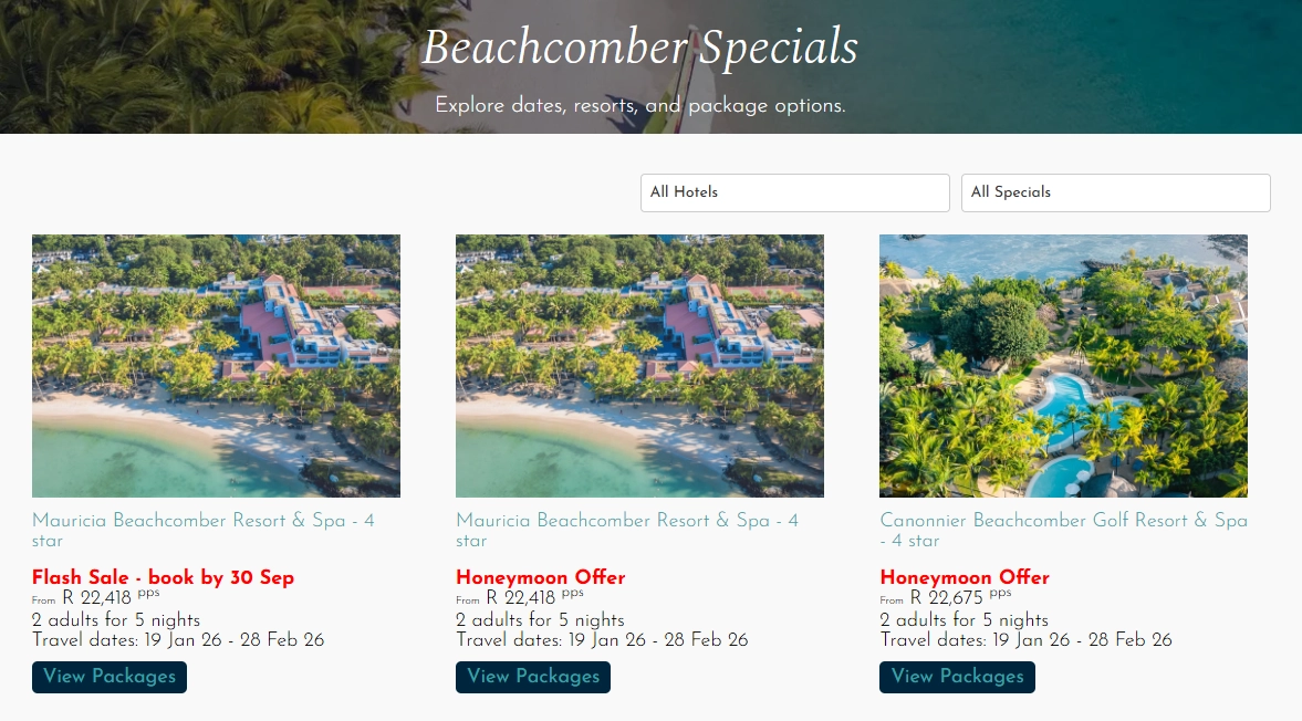Beachcomber Mauritius Specials showing resort packages with flash sale and honeymoon offers for Mauricia and Canonnier resorts