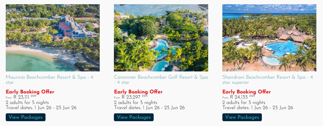 Early Booking Offers Beachcomber Mauritius Specials showing discounted advance packages at Mauricia Canonnier and Shandrani resorts