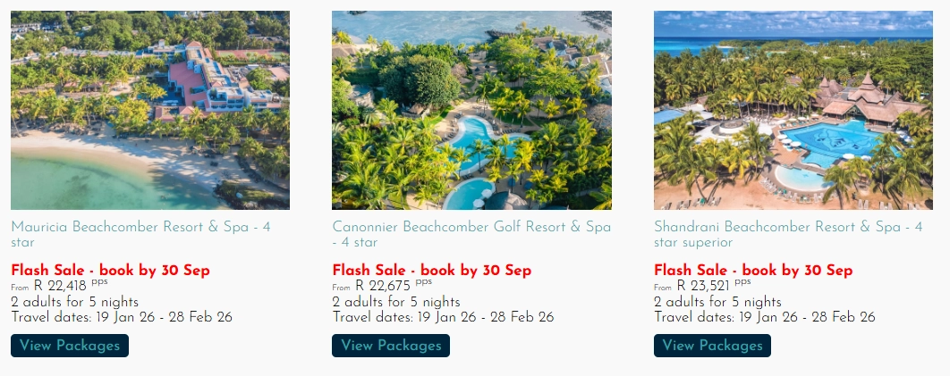 Flash Sale Beachcomber Mauritius Specials showing discounted packages at Mauricia Canonnier and Shandrani resorts