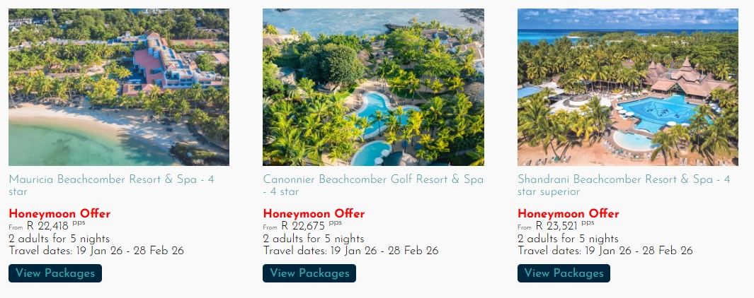 Honeymoon Beachcomber Mauritius Specials showing discounted couples packages at Mauricia Canonnier and Shandrani resorts