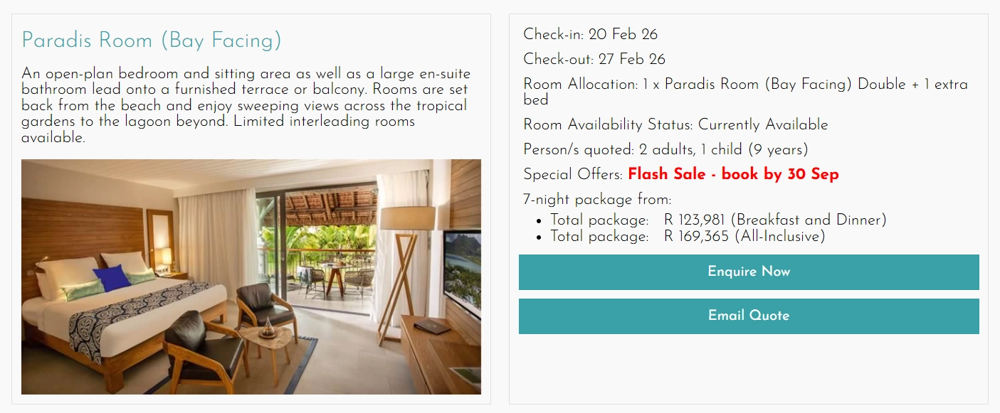 Paradis Beachcomber room with balcony view included in flash sale family package