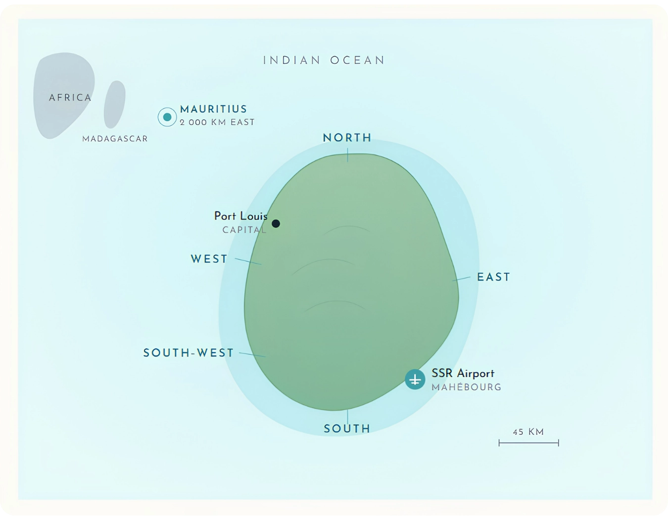 Map showing Mauritius in the Indian Ocean and its main holiday regions